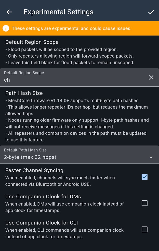 Experimental Settings screen showing Default Region Scope set to ch