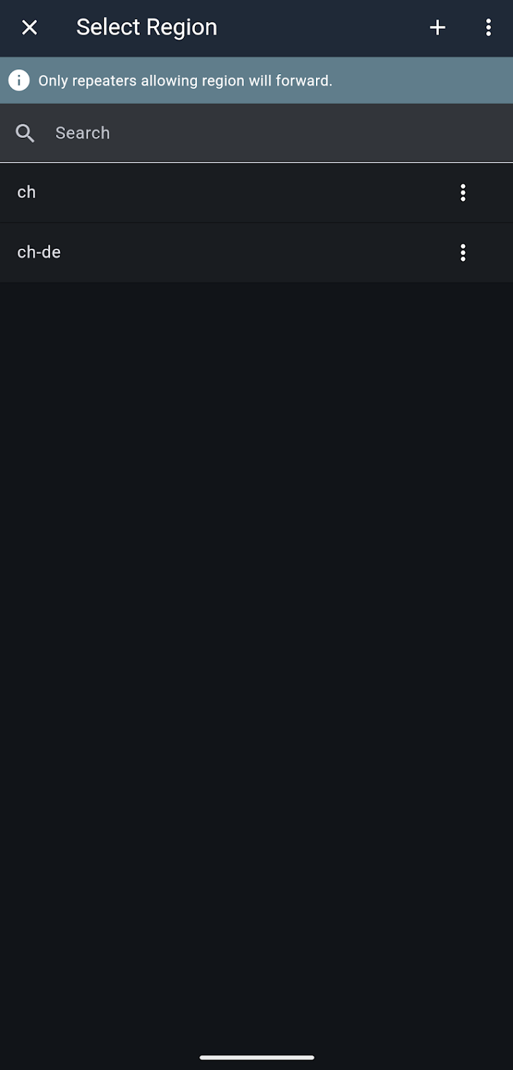 Select Region screen with option to add region