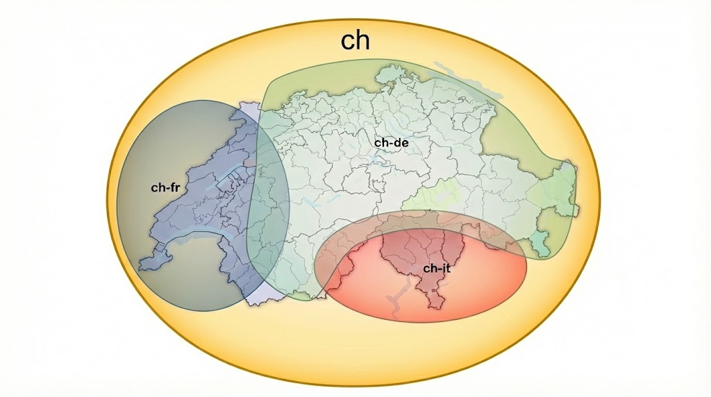 Map of Switzerland showing MeshCore regions: ch (entire country), ch-de (German-speaking), ch-fr (French-speaking), ch-it (Italian-speaking)