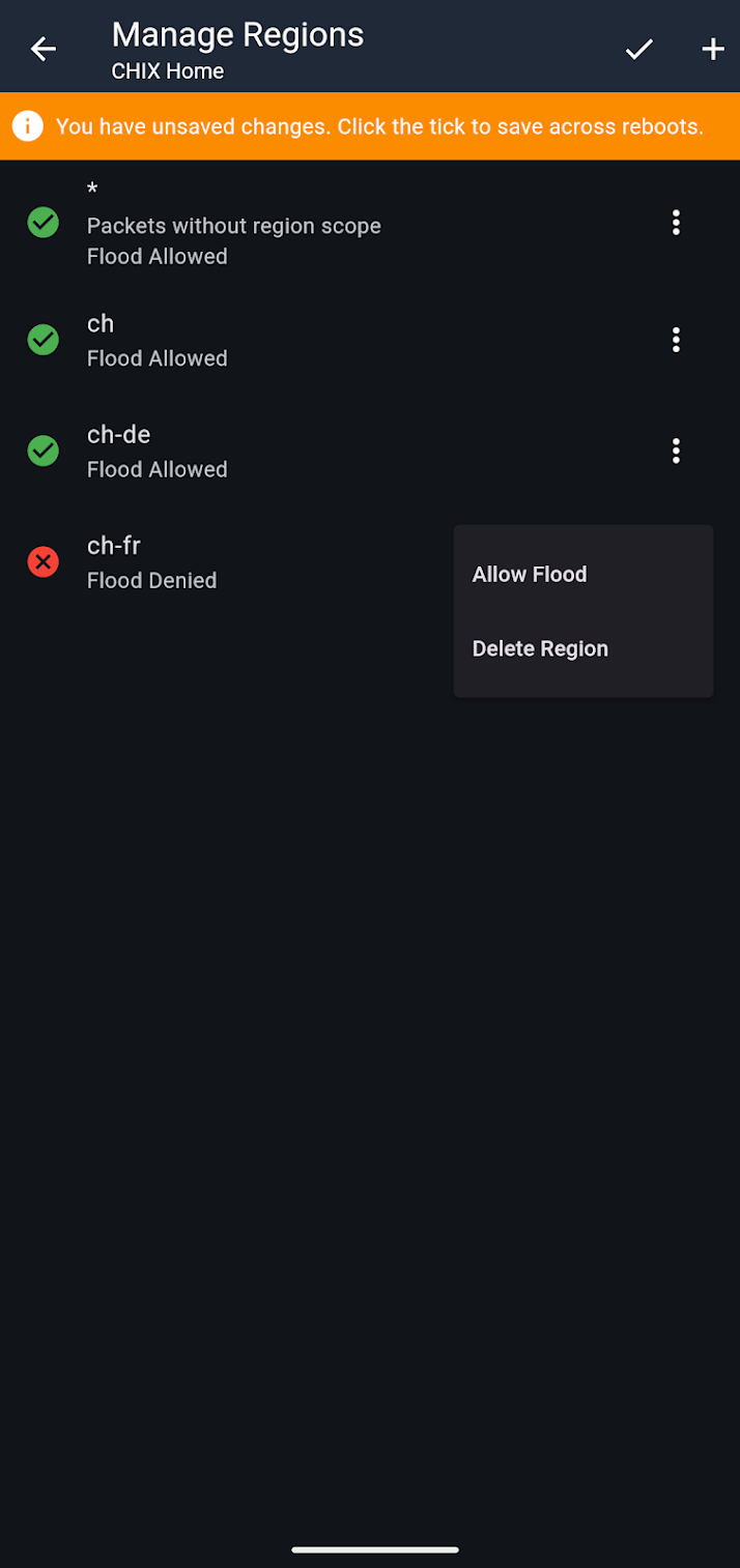Manage Regions screen with context menu showing Allow Flood option