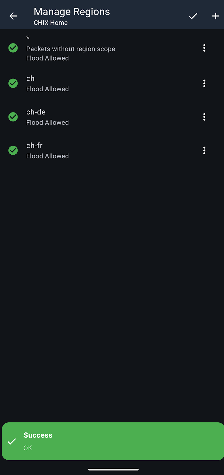 Manage Regions screen showing correctly configured repeater in Biel with ch, ch-de and ch-fr regions