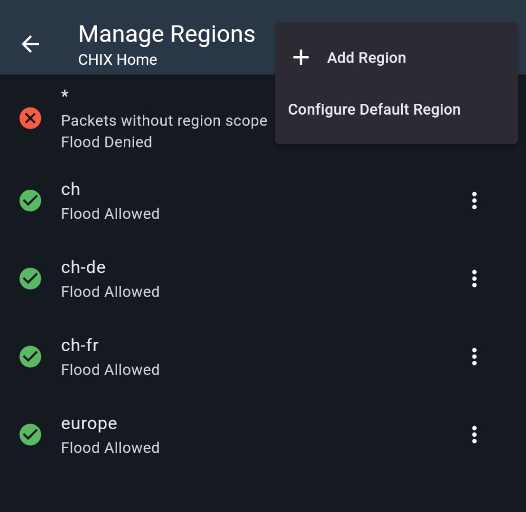Manage Regions screen with Configure Default Region menu option open