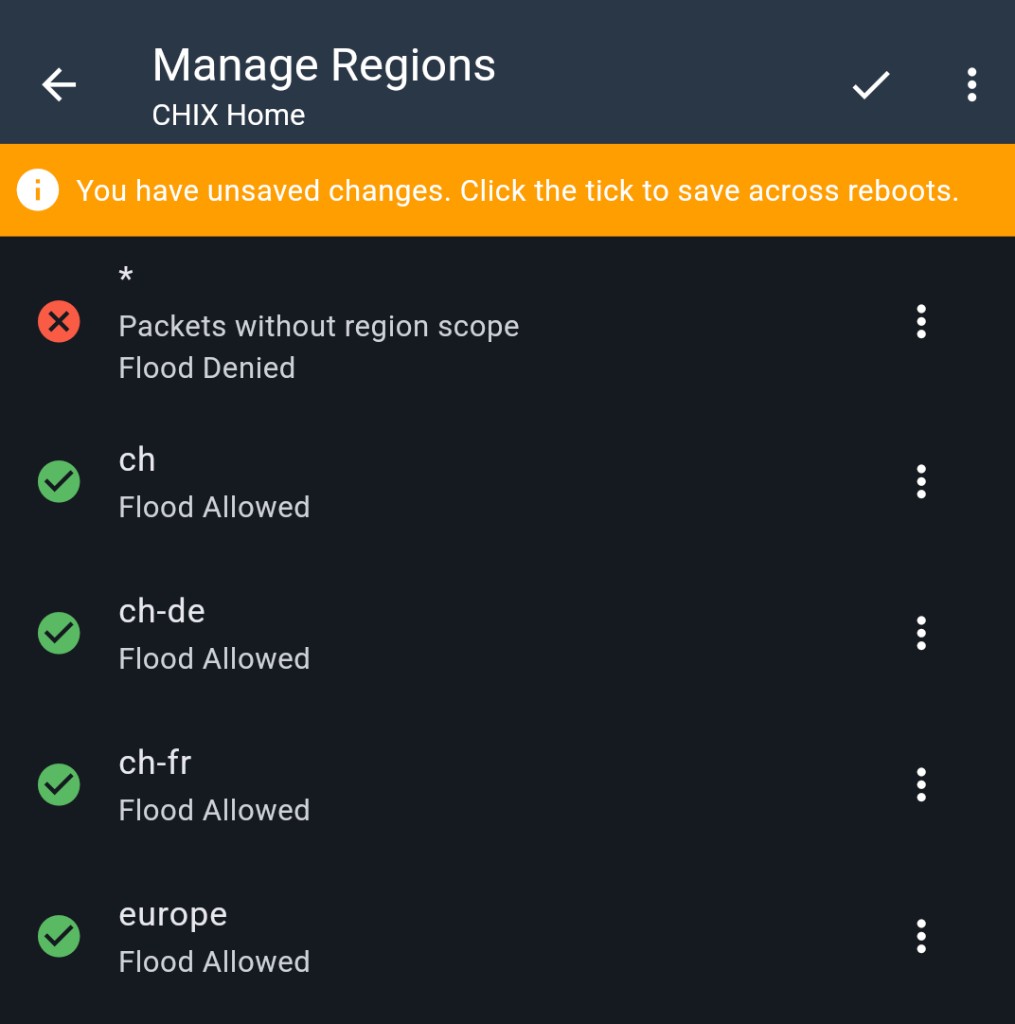 Manage Regions screen showing region * with Flood Denied