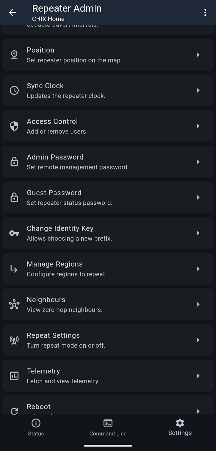Repeater Admin settings screen showing Manage Regions option