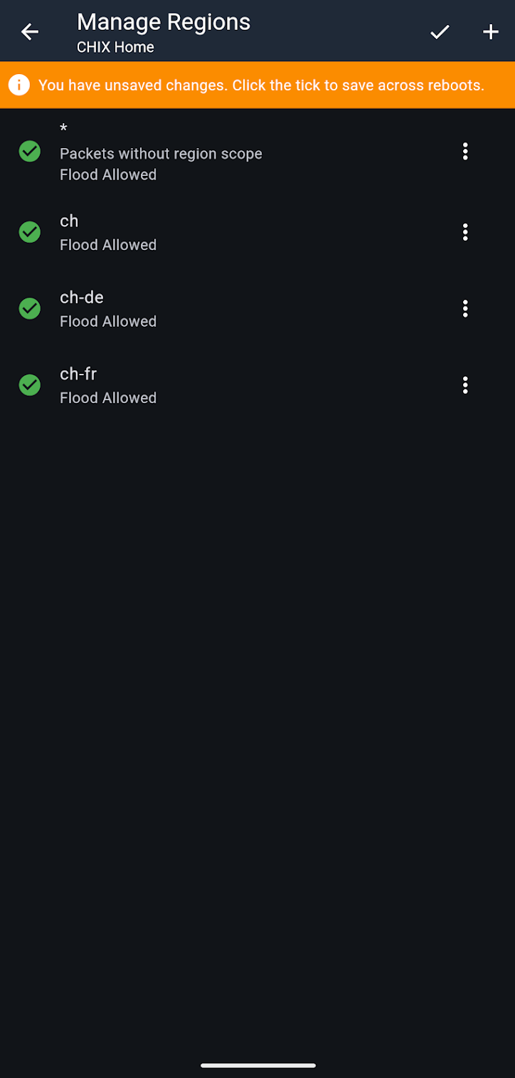 Manage Regions screen with checkmark to save settings